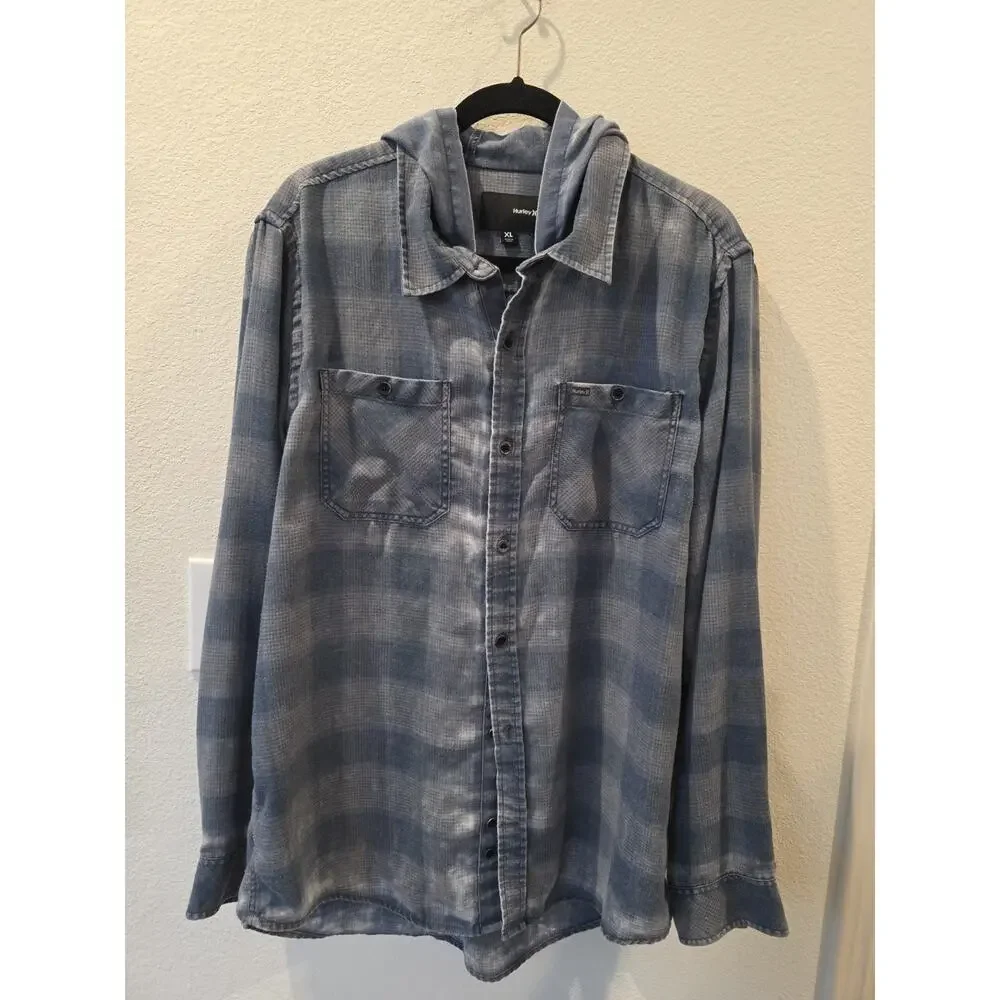 Hurley Men's Landon Hooded Long Sleeve Shirt Distressed Obsidian Y2K Skater SzXL